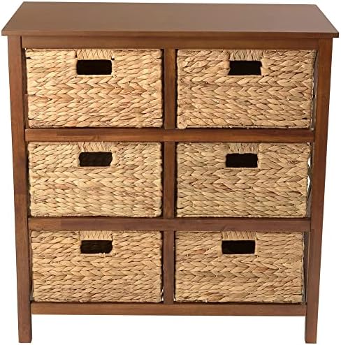 eHemco 3 Tier X-Side End Storage Cabinet with 6 Wicker Baskets, Walnut
