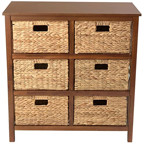 eHemco 3 Tier X-Side End Storage Cabinet with 6 Wicker Baskets, Walnut