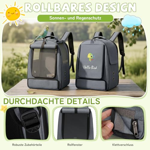 ALLSOPETS Vogelrucksack Leicht und Atmungsaktiv Tragbarer Papageiträger für Kleine Tiere mit Ständer Verstellbarer Höhe und Sichtfenster ideal für Reisen (Anthrazitgrau)