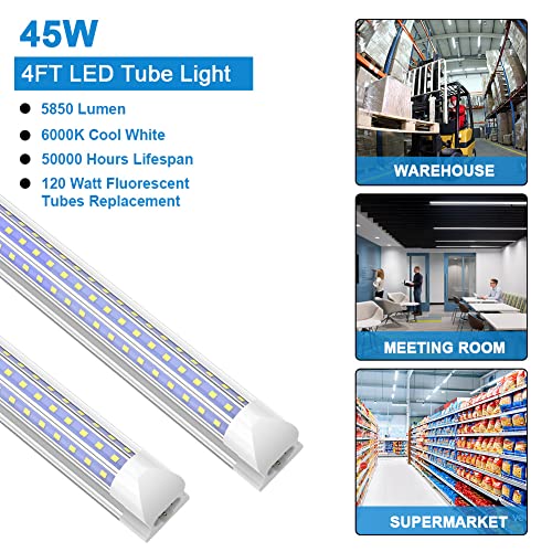 Shopled Led Shop Light, 4Ft Led Light Fixtures, 45W 5850Lm 6000K Cool White, D-Shaped T8 Led Tube Lights, High Output, Clear Cover, 4 Foot Led Shop Lights For Garage, 4 Pack #TOP2