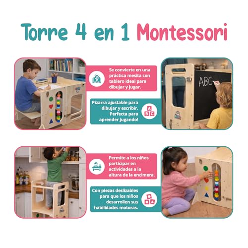 Miniatura 6 de Torre De Aprendizaje Montessori 4 En 1 Pitifis Torre De Aprendizaje Para Niños Con Pizarra Y Escritorio Taburete Cocina Infantil De Madera Diseño Estable Y Seguro 90 X 31 X 45 Cm