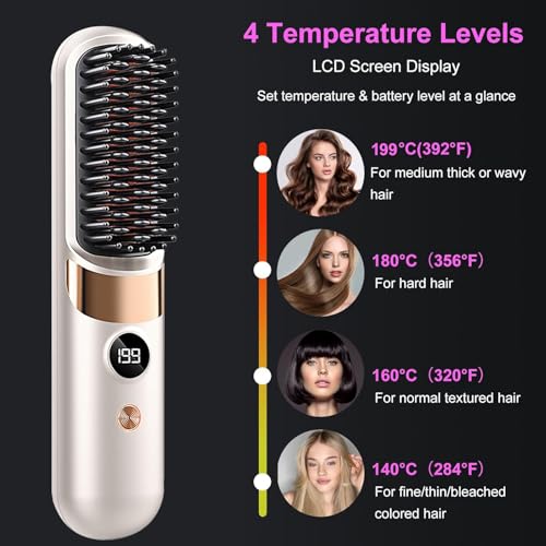 Image of Go Brush Pro Cordless Hair Straightener Brush - Portable Rechargeable Ceramic Styling Brush with 4 Adjustable Heat Modes & LED Display, Perfect for Travel & Everyday Use (Cream White)