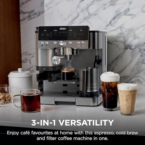 Ninja Luxe Premier 3-in-1 Coffee Machine, Latte, Cappuccino, Cold Brew & Espresso Maker With Built in Bean Grinder & Milk Frother, Easy to Use, 4 Automated Froth Presets, Silver, ES601UK