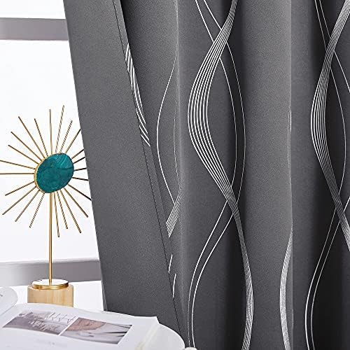 PONY DANCE Grey Curtains Extra Long - 66 x 90 Inch, Eyelet Curtains for Living Room Thermal Insulated Soundproof Silver Wave Line Foil Printed Decorative Curtains, Sold as Pair