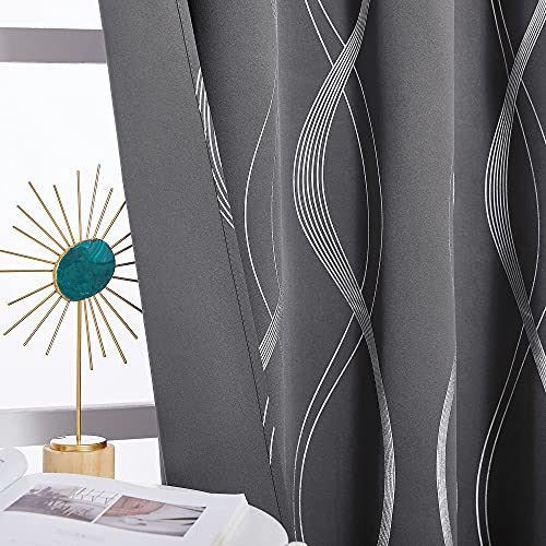 PONY DANCE Grey Curtains - 72 Drop Foil Blackout Curtains with Silver Wave Line Print, Thermal Blackout, for Living Room/Bedroom, 46 Inches Wide, 2 Pcs - Image 5