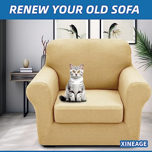 XINEAGE 2025 New 2 Pieces Chair Covers with Arms Super Stretch Chair Slipcover for Living Room Pet Dog Universal Slip Cover Anti Slip Armchair Furniture Protector (Beige), 31"-46"(1 Cushion)