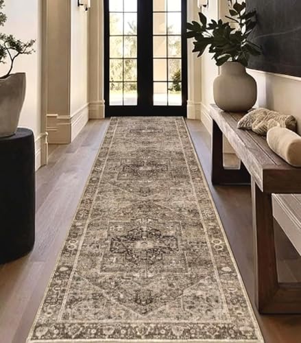 Homcomodar Teppich Läufer Flur 80x300cm Vintage Läufer Küchenteppich Waschbar Teppich Flur rutschfest Kurzflor Teppichläufer für Küche Eingang Schlafzimmer Wohnzimmer（Braun）