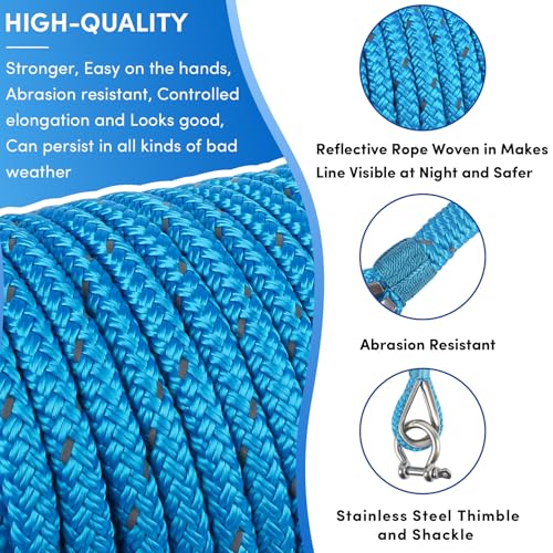 image for VEITHI Anchor Rope 100 ft x 1/2 inch Blue, Double Braided Anchor Line 