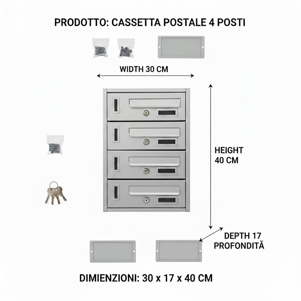 La zappa Cassetta postale condominiale da muro buca lettere componibile "Made in Italy" (Argento, 8 Posti)