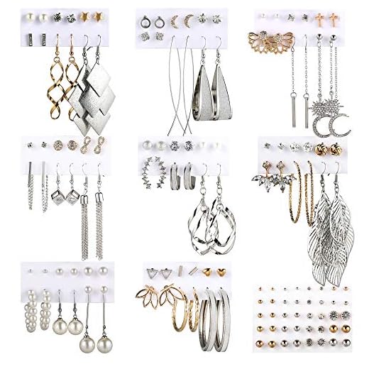 Fashion Earrings for Women Girls, Funtopia 68 Pairs Drop Dangle Earrings, Statement Stud Earrings Pearl Earrings Set for Party Jewelry Gift (Gold and Silver)
