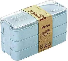 Marmita Térmica Japonesa 900ml com 3 Compartimentos Bento Box Premium Talheres Incluídos Alta Resistência e Eficiência Térmica (Bege) (Azul)