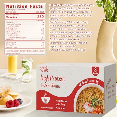 Image of VOLO VERO High Protein (32g) Instant Ramen Noodles inchSpicy Beef inch Flavor Soup, 8 Pack, Plant-Based, Low Carb, Air-Dried, Non-Fried, Egg-Free, Ready to Eat, Dairy Free Healthy Meal
