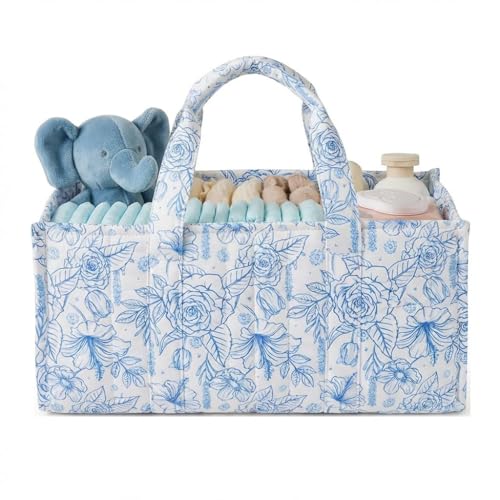 Cesta de tela acolchada con diseño floral para pañales y toallitas (beige) (azul claro)