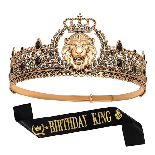 JITINX King Crown and Birthday Sash King Crown for Men Gold Mens Tiara Prince Diadem Royal Medieval Cosplay Birthday Prom Halloween Hair Accessories (Antique Gold Black Crown)