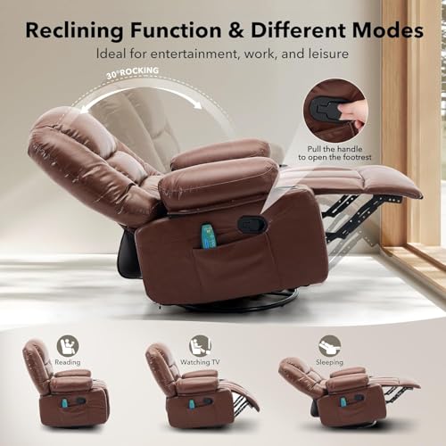 Image of Oversized Manual Swivel Recliner Chair for Adults, 360 Swivel Rocker Glider with Vibration Massage & Heat, Extra Wide Chenille Fabric Lazy Chair for Living Room Bedroom, Brown PU