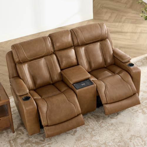 Image of Watson & Whitely Power Reclining Sofa Loveseat with Console, Saddle Brown