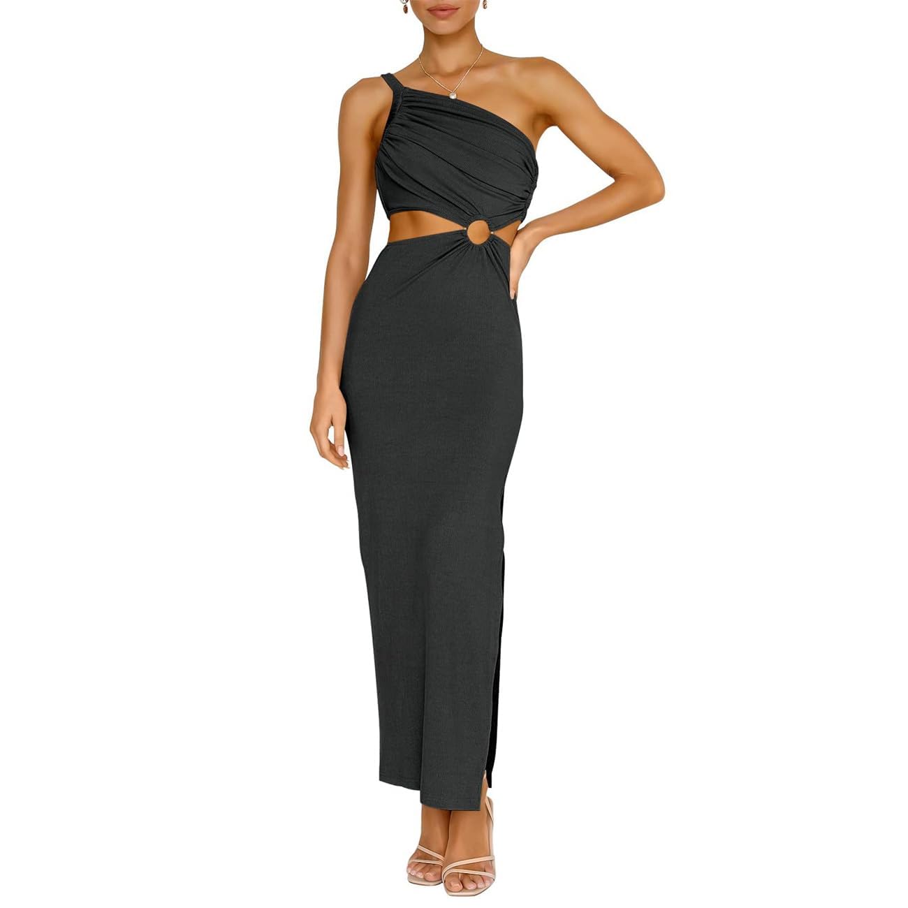 Vestito da Donna Abito Una Spalla Pieghettato Schiena Nuda Chiffon Elegante Tubino Festa Cocktail Abito da Damigella della Sera e Cerimonia Matrimonio Lady Dress