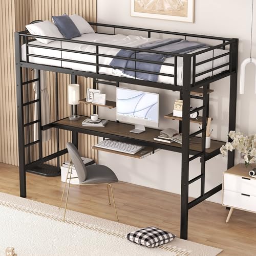 VIEKOS Estructura de cama de metal, cama de hierro, cama alta con escritorio y dos estanterías para niños, adolescentes y adultos, 90 x 200 cm, negro
