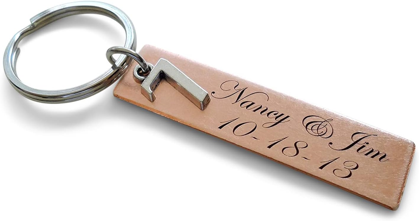 JewelryEveryday Custom Engraved Copper Tag Keychain with 7 Charm, Anniversary Personalized Key Chain