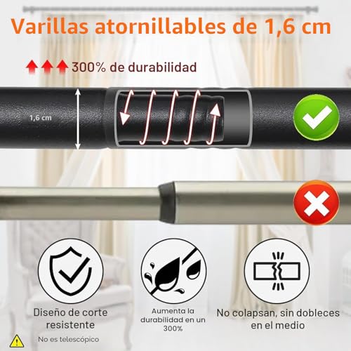 Miniatura 4 de Negra Barra Cortinas 42-169 Cm, Barra Cortinas Extensible De Metal Con Soportes, 16 Mm De Diámetro Decorativa Barras De Cortinas Para Ventana, Café, Cocina, Salon Sala De Estar Y Dormitorio