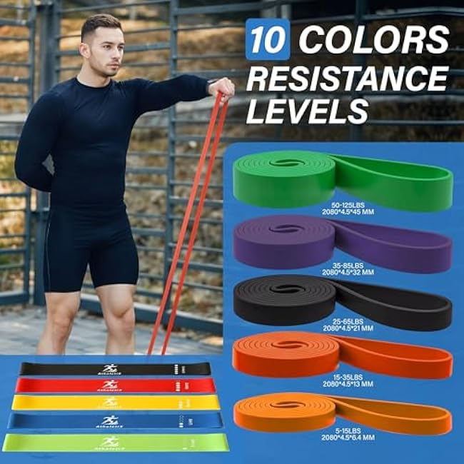 Athletix 10-Piece Resistance Bands Set | Heavy to Light Levels for Strength, Glutes, Legs, Pilates, Yoga, Stretching | Resistance Bands for Working Out | Color-Coded Exercise Bands with Carry Bag