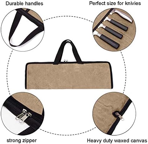 QEES Chefs Knife Bag Black with 2 Hand Grip, 4 Slots Heavy Duty Double-zipper Knife Case, Kitchen Tool Tote Bag GJB440 (Khaki)