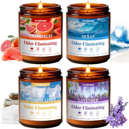 Aredenua 4 Pack Odor Eliminating Candle for Home - Eliminates Pet, Smoke, Food & Other Smells Quickly - Air Freshing Scent of Grapefruit/Linen/Lavender/Ocean - 28oz Fall Winter Candle Gift for Women