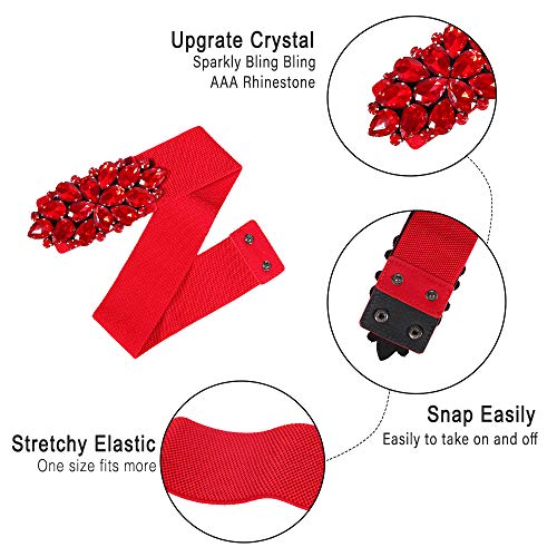 Dorchid Women Rhinestone Belt Crystal Elastic Waist Floral Cummerbund For Dress Red S #TOP2
