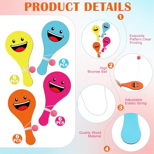 LaRandom 24 Pcs Smile Face Paddle Balls with String Bulk - Wooden Paddle Balls for Kids Indoor Outdoor Fun Activity, Multi-Item Party Favors Prizes Packs