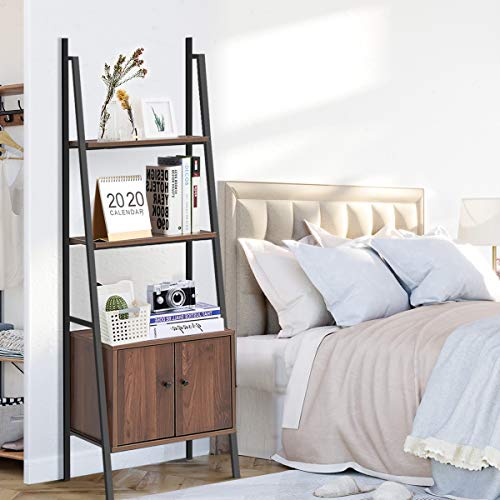 Tangkula 3 Shelf Ladder Bookshelf, Freestanding 3-Tier Wooden Bookcase with Doors, Multifunction Display Shelf, Plant Stand, Decor Furniture for Home Office (1, Walnut)