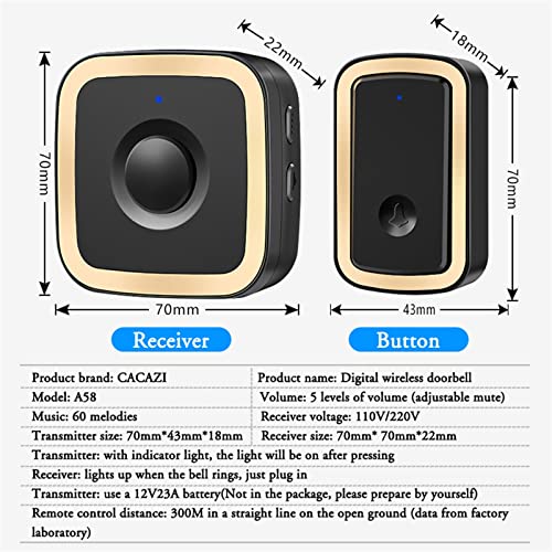 TONONE Campainha sem fio para casa mais nova 60 músicas 0~110DB 300M à prova d'água campainha de ch