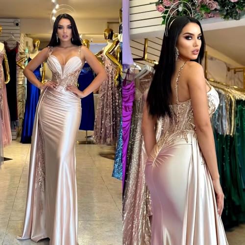 V Neck Satin Prom Dresses Long Mermaid Lace Evening Gown with Slit Pleated Bodycon Formal Dress with Tail2