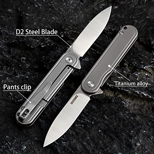 Olitans T025 Pocket Knife 2.76'' D2 Steel Blade 3.6'' Titanium Alloy Handle Flipper Mini Folding Knife 1.8Oz #TOP4