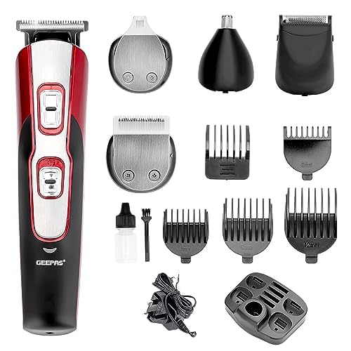 Geepas 11-IN-1 Rechargeable Grooming Kit- GTR8724, Includes Hair Clipper Head And Beard Trimmer Head Black/Red