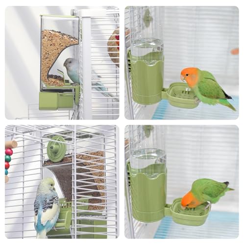 Bird Feeder Water Dispenser Set, Automatic Cage Feeder with Perch for Seed Parakeet Canary Cockatiel Finch Budgies Cage Accessories (Green) - Image 4