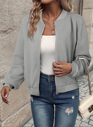 EVALESS Womens Shacket Jacket Bomber Jackets Coat Casual Stand Collar Zip Up Lightweight Outwear Fall Outfits with Pockets Medium Grey