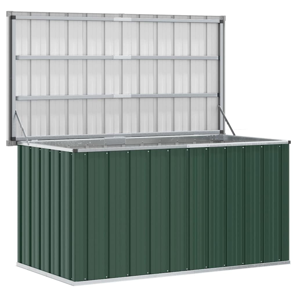 Garten-Aufbewahrungsbox Grün aus verzinktem Stahl 129 x 67 x 65 cm mit wasserabweisendem Deckel, großer Stauraum für Kissen, Polster, Gartenzubehör