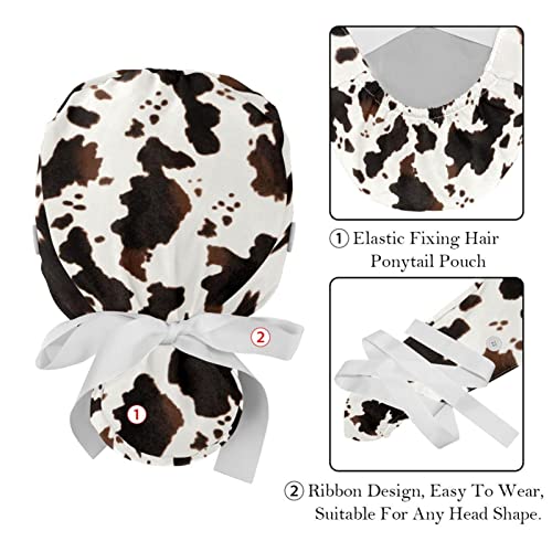 Image of 2 PCS Bouffant Cap with Button Ponytail Pouch Working Cap Sweatband Adjustable Surgical Cap Black and White Cow