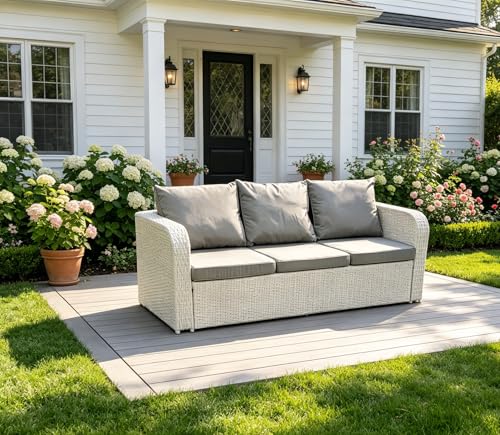 Image of FMSGarden High Back 3 Seater Rattan Sofa Light Grey Mixed Outdoor Furniture with Thick Removable Cushion