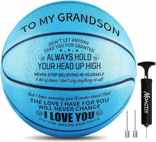 Moactiv Basketball Gifts for Grandson, to My Grandson Engraved Basketball Size 7 29.5", Inspirational Birthday Graduation for Teen Boys, Includes Pump