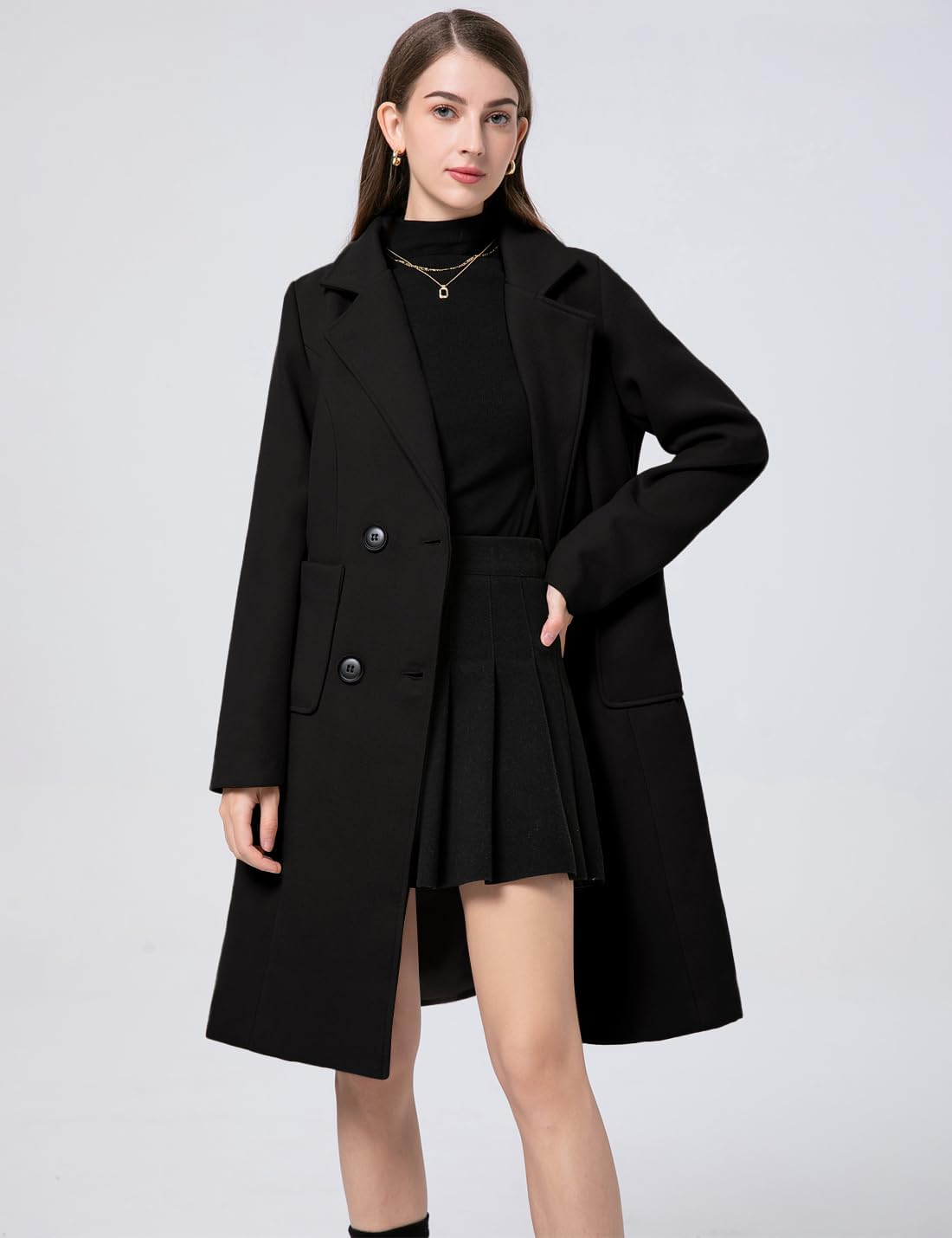 Women's Winter Wool Blend Coat Notched Collar Double Breasted Lapel Mid Long Jacket Thick Warm Trench Outwear