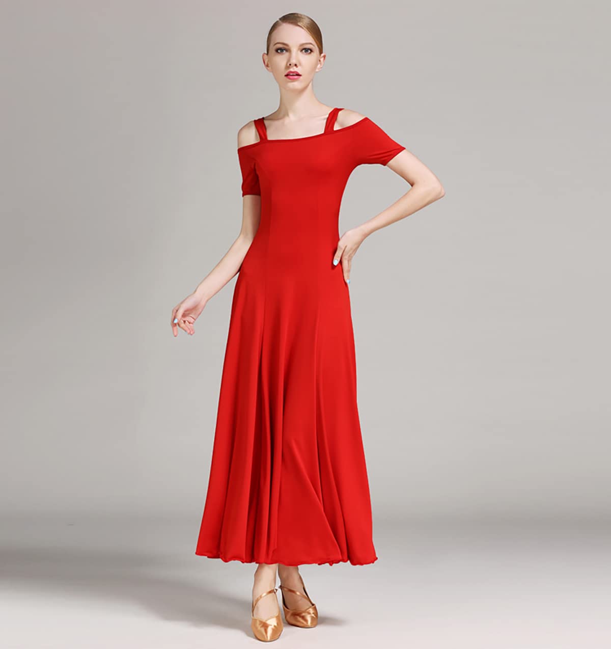 Kobieta? moda seksowna sukienka na ramię solidna długa sukienka na imprezę elegancka sukienka nowoczesna walc ubrania do tańca balowego taniec duża spódnica swingowa odzież performance (XXL, czerwona)