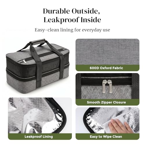 Image of DOWAN Insulated Casserole Carrier for 9x13 Baking Dish - Expandable Double Decker Food Carrier Bag for Hot or Cold Food, Thermal Lasagna Lugger Tote for Potluck, Picnic, Party & Travel - Grey