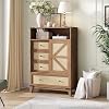 Maupvit Drawers Dresser for Bedroom 47 Farmhouse Rattan Storage Cabinet with Sliding Barn Door Open Storage Tall Wood Drawer Organizer for Bedroom Entryway Hallway Wood Oak
