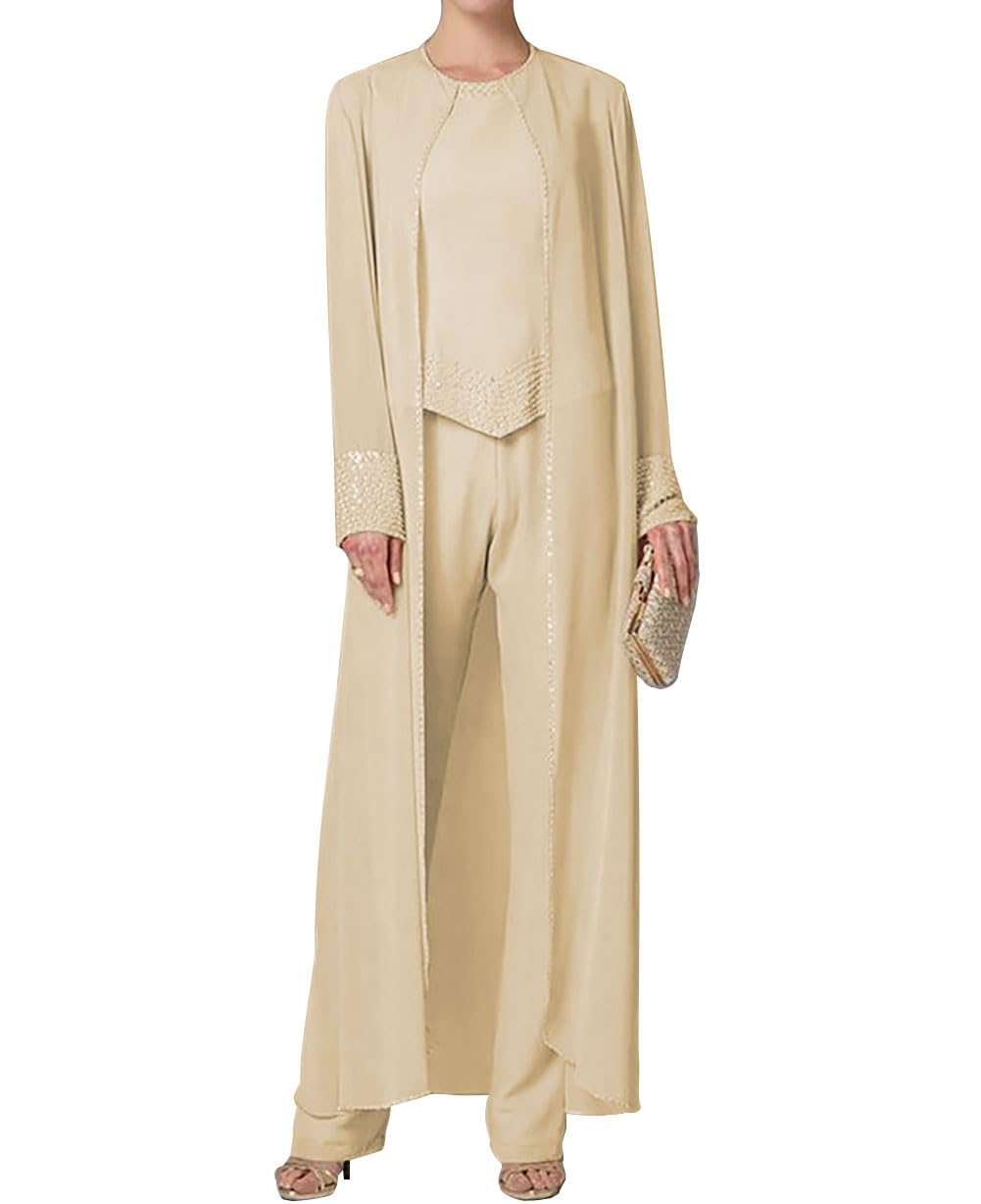 3Pcs Mother of The Bride Dresses Long with Sleeve Chiffon Sequined Mother of The Bride Pant Suits Plus Size