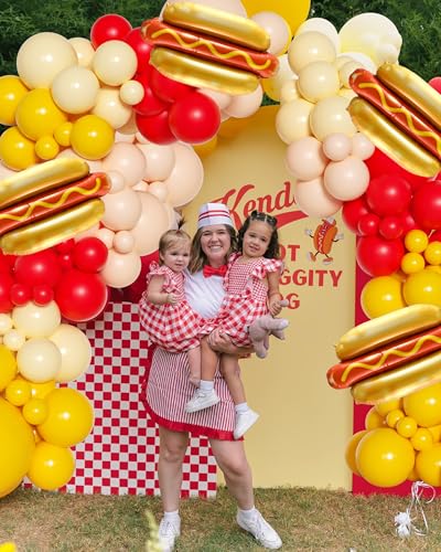 Image of Cute Hot Dog Balloon Garland Arch Kit,151PCS Red and Yellow Balloons, Creative Theme for Baby Shower Gender Reveal Boy Girl Birthday Party Decorations