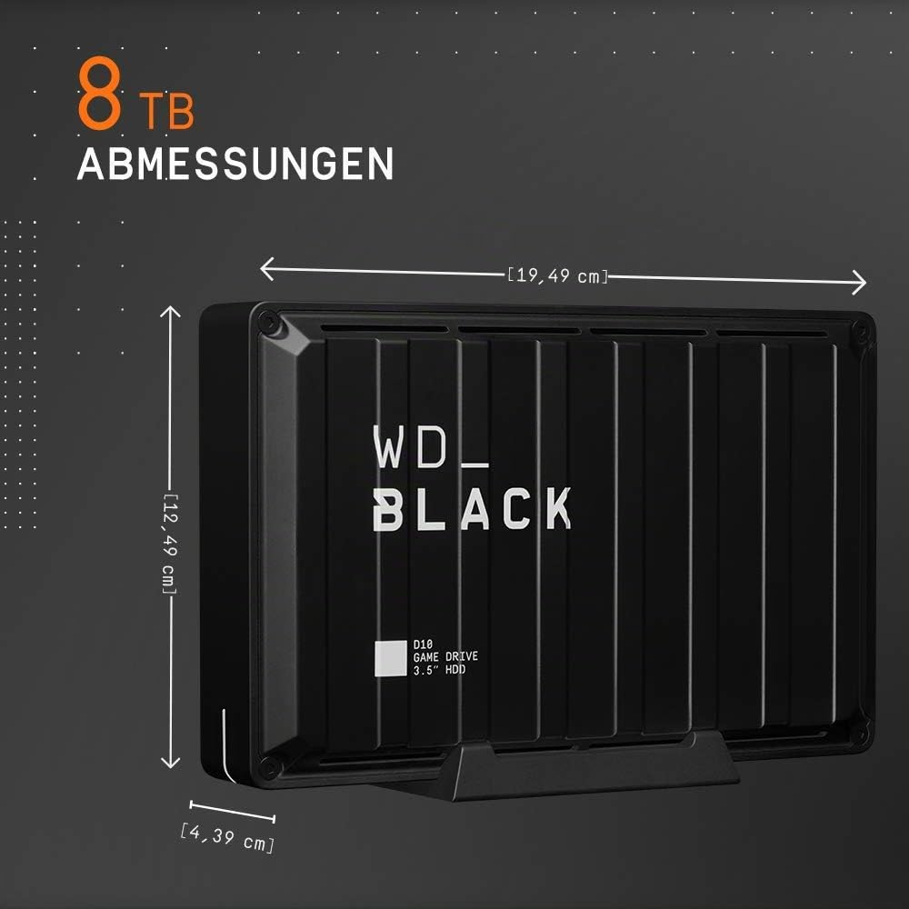 WD_BLACK D10 Game Drive externe Festplatte 8 TB (Übertragungsgeschwindigkeit bis zu 250 MB/s, 7200 U/min und aktive Kühlung, USB Typ-A zum Laden von Gaming-Ausrüstung) Schwarz