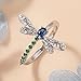 Sdouefos Emerald Zircon Dragonfly Ring S925 Sterling Silver Fashion Blue Gem Dragonfly Vintage Ring, Sparkling Dragonflies Sapphire Ring with Diamonds Fashion Jewelry Wedding Band Size 8