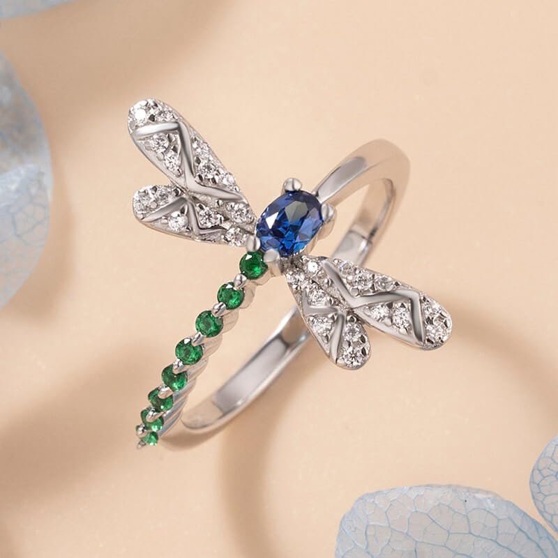 Sdouefos Emerald Zircon Dragonfly Ring S925 Sterling Silver Fashion Blue Gem Dragonfly Vintage Ring, Sparkling Dragonflies Sapphire Ring with Diamonds Fashion Jewelry Wedding Band Size 102