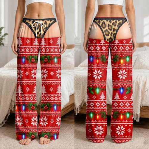 Christmas Pajama Pants Women Funny 3D Print Cheeky PJ Pants Lounge Bottoms | 2026 Funny Pajamas Ugly Pants Butt Illusion Print Elastic Waist Wide Leg Cozy Christmas Parties Gag Gifts for Women,Wife,Mom - image 3